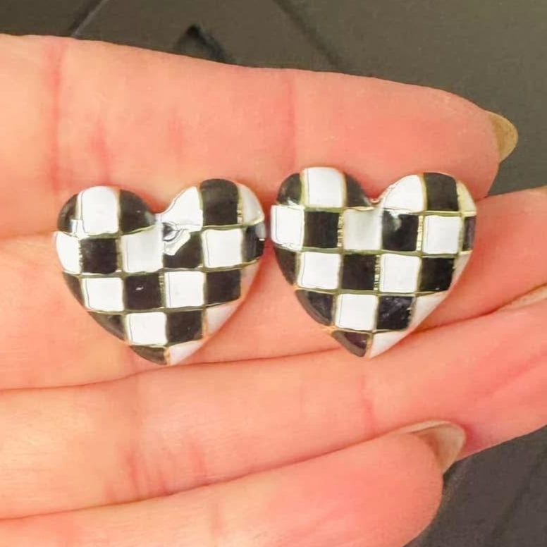 The Smiley Face Boutique Black and White Checkered Checker Babe Heart Earrings
