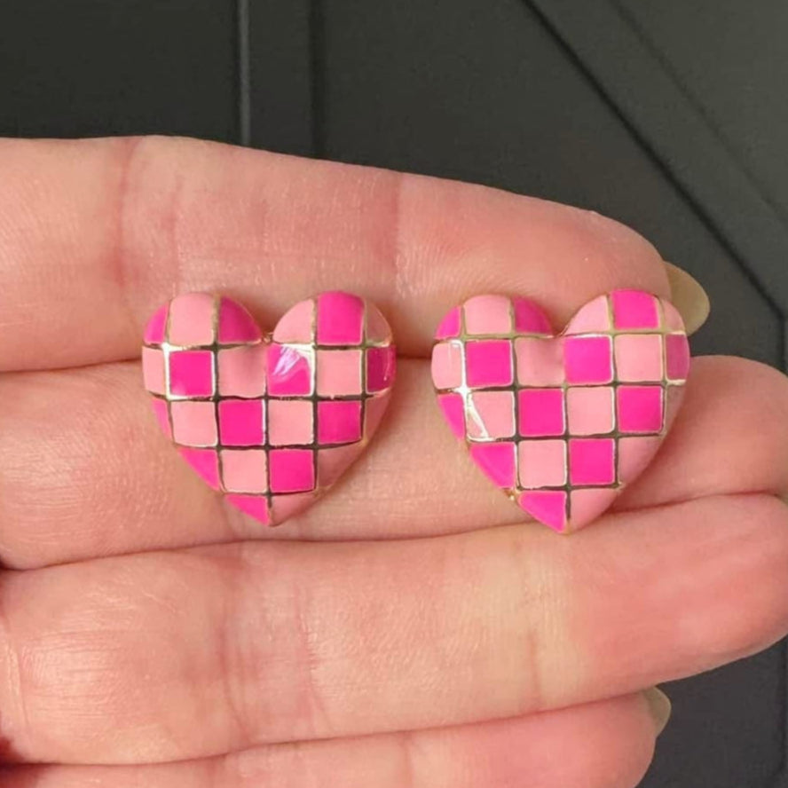 The Smiley Face Boutique Pink Checkered Checker Babe Heart Earrings