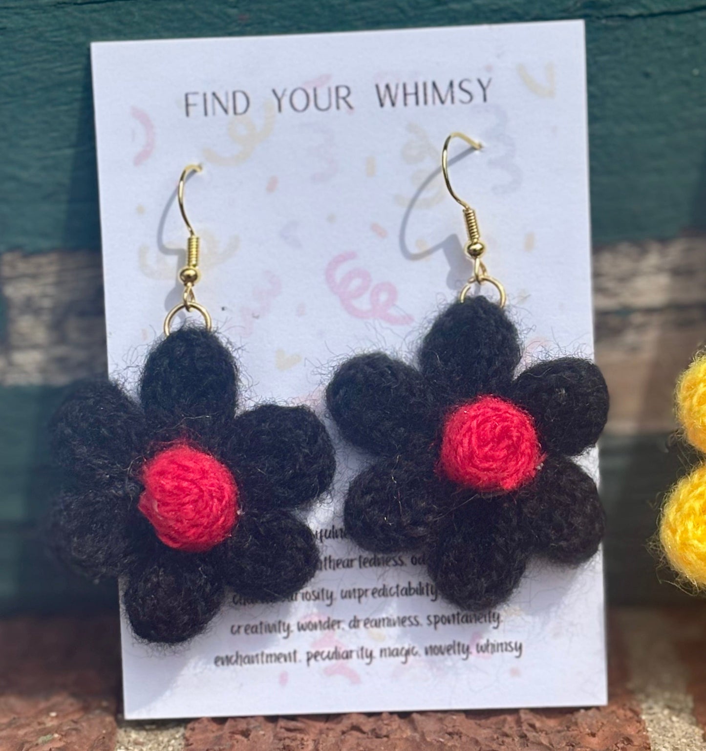 Whitney's Whimzees Black with Red Center Handmade Flower Crochet Earrings - 1.25 inch Flowers