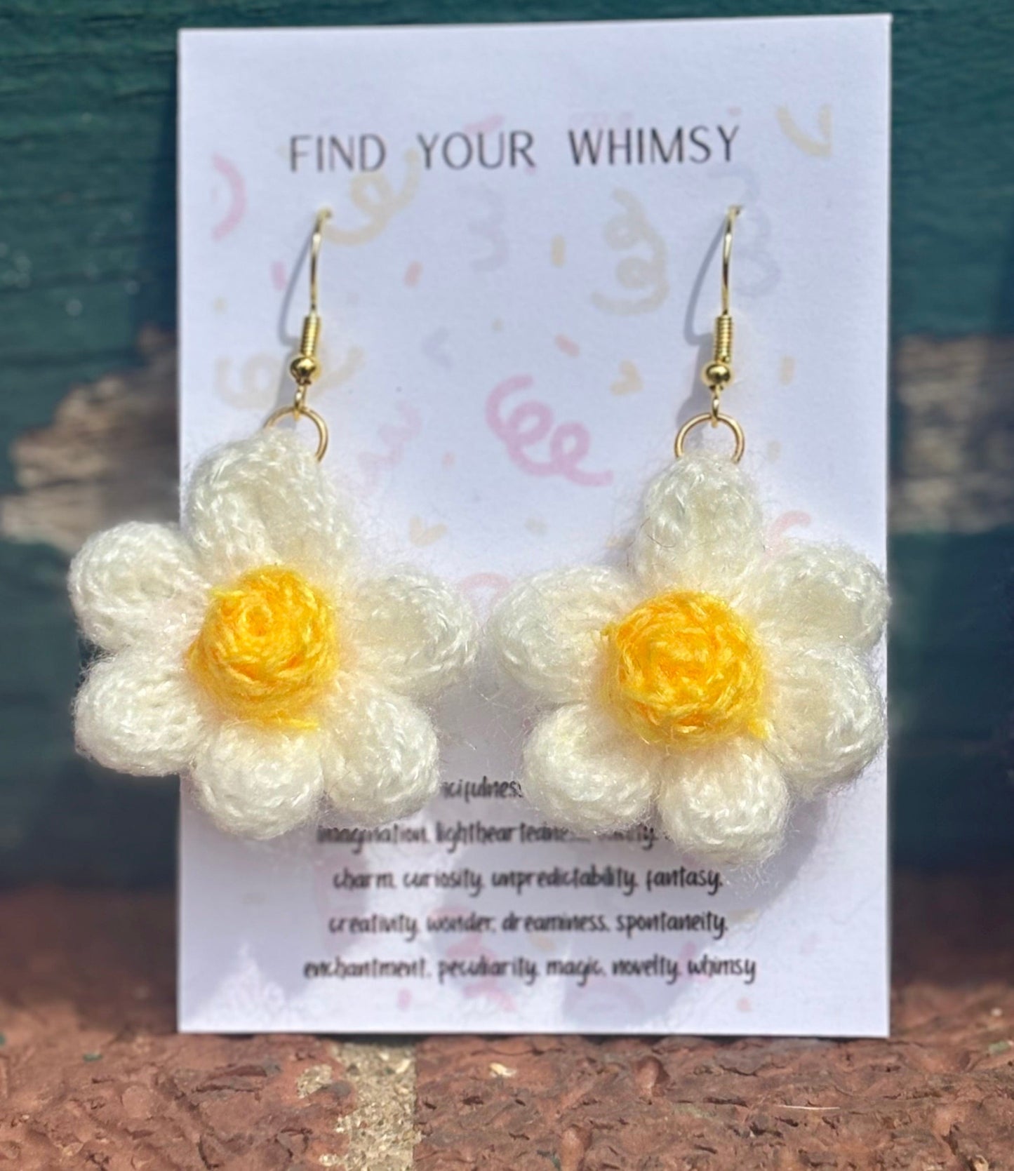Whitney's Whimzees Cream with Yellow Center Handmade Flower Crochet Earrings - 1.25 inch Flowers