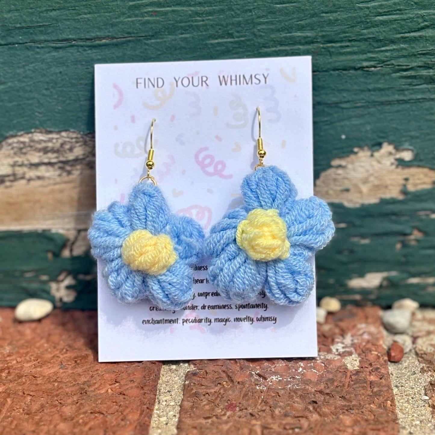 Whitney's Whimzees Light Blue with Yellow Center Handmade Flower Crochet Earrings - 1.75 inch Flowers