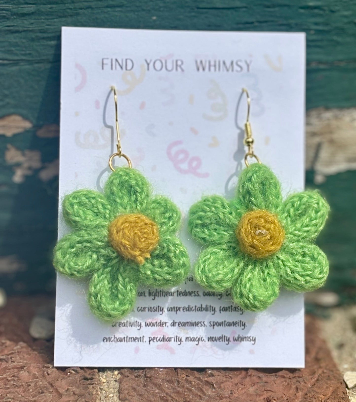 Whitney's Whimzees Lime with Yellow Center Handmade Flower Crochet Earrings - 1.25 inch Flowers