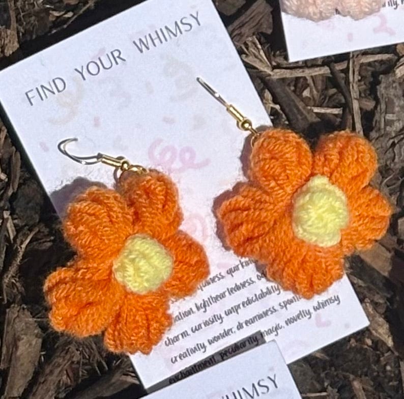 Whitney's Whimzees Orange with Yellow Center Handmade Flower Crochet Earrings - 1.75 inch Flowers