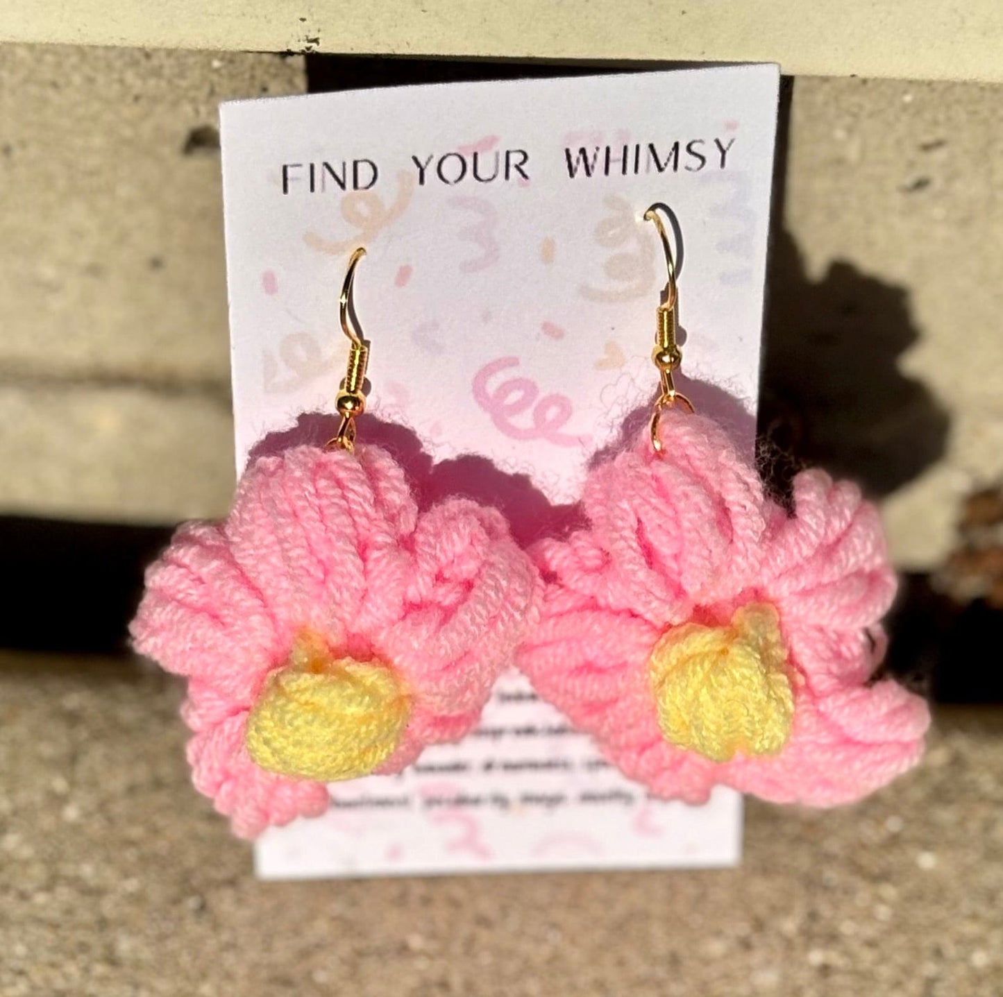 Whitney's Whimzees Pink with Yellow Center Handmade Flower Crochet Earrings - 1.75 inch Flowers