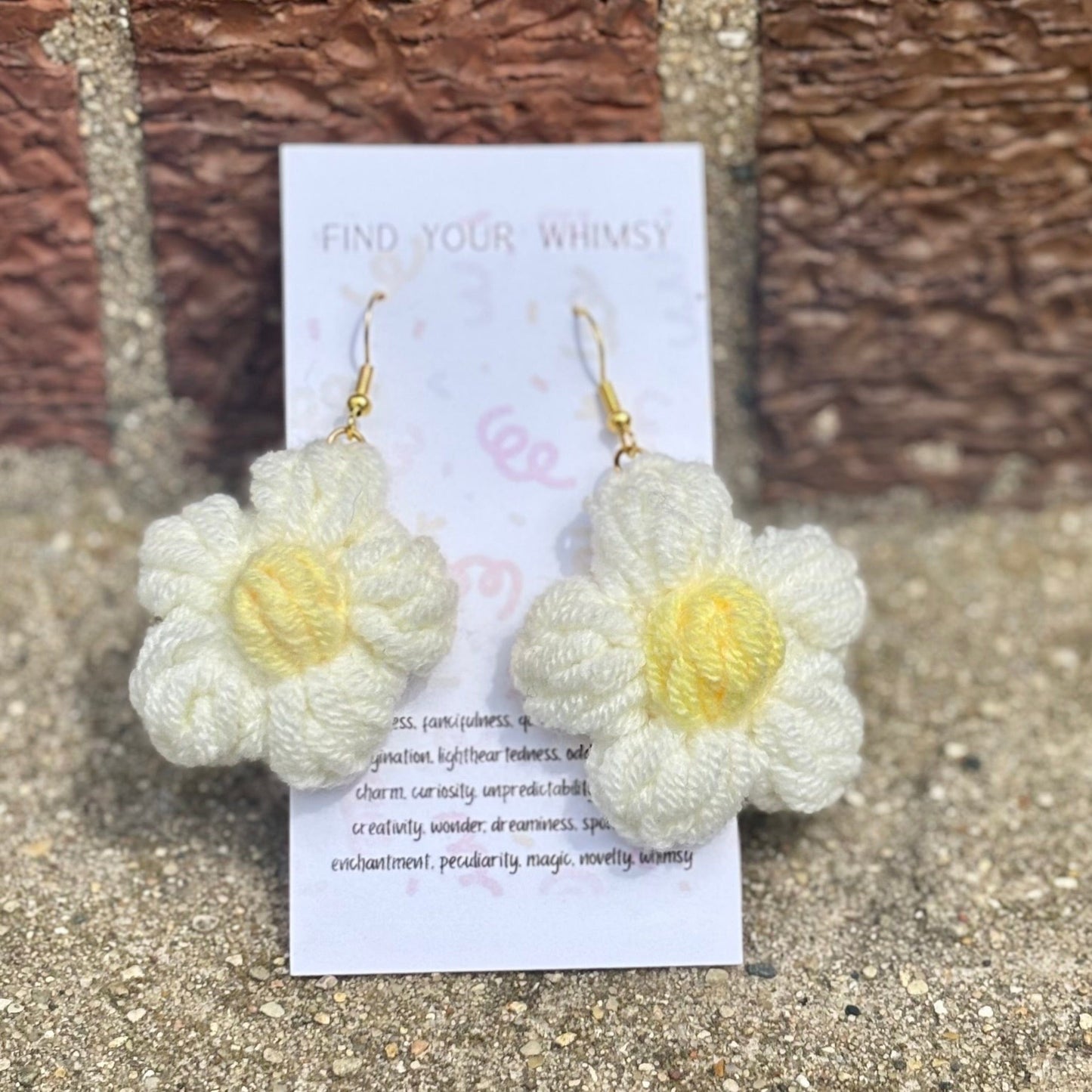 Whitney's Whimzees White with Pale Pink Center Handmade Flower Crochet Earrings - 1.75 inch Flowers
