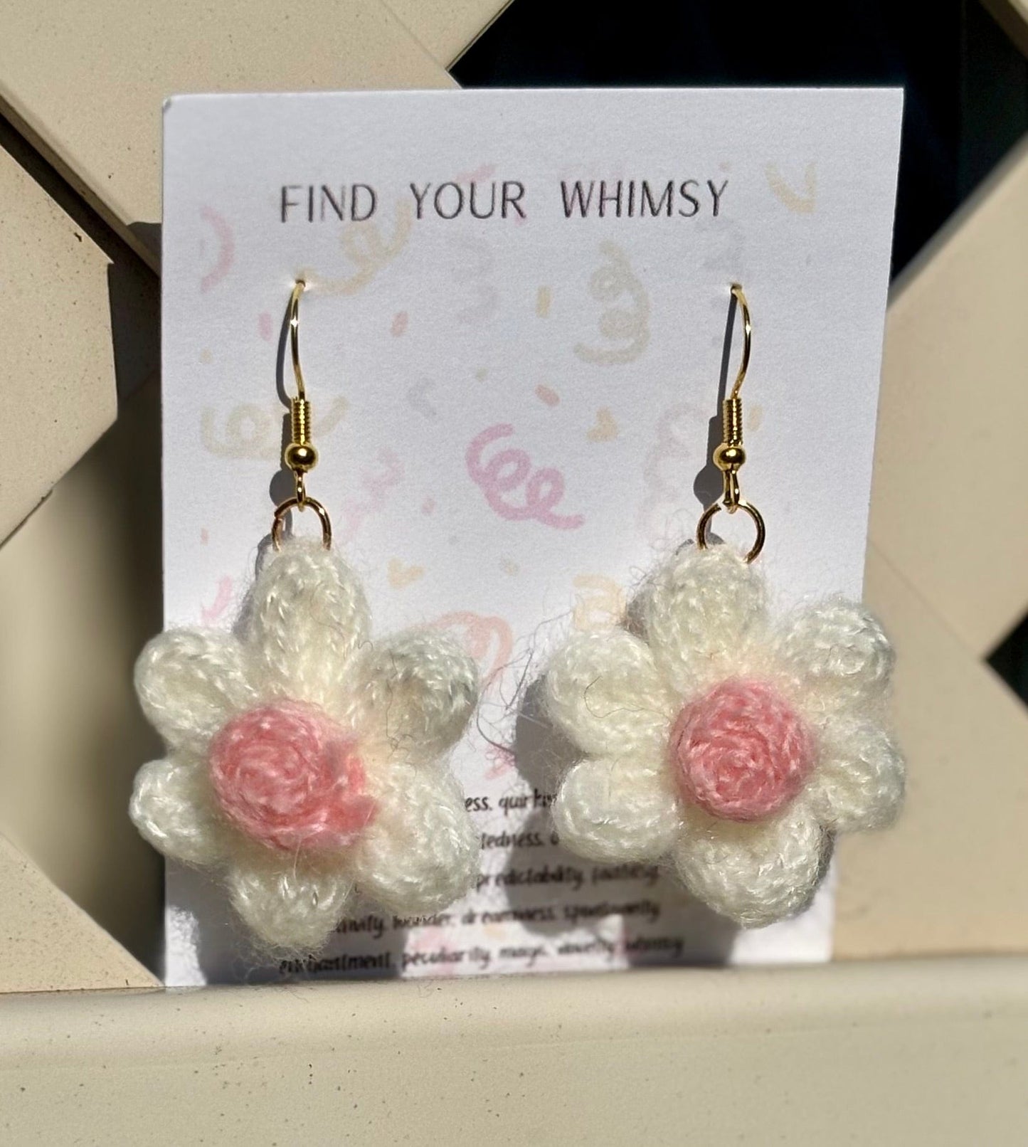 Whitney's Whimzees White with Pink Center Handmade Flower Crochet Earrings - 1.25 inch Flowers