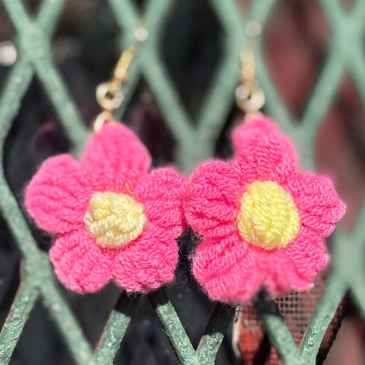 Whitney's Whimzees Dark Pink with Yellow Center Handmade Flower Crochet Earrings - 1.75 inch Flowers