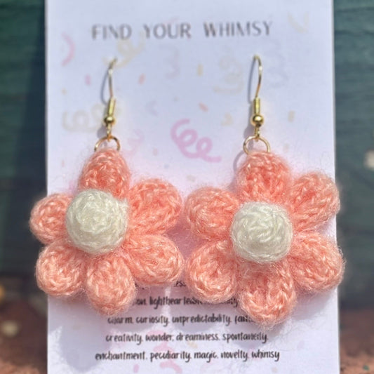 Whitney's Whimzees Pink with White Center Handmade Flower Crochet Earrings - 1.25 inch Flowers