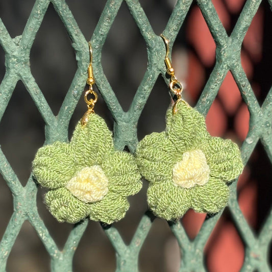 Whitney's Whimzees Sage with Yellow Center Handmade Flower Crochet Earrings - 1.75 inch Flowers