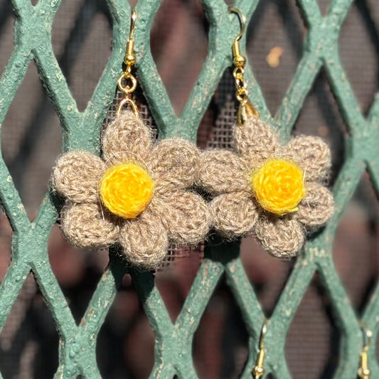 Whitney's Whimzees Tan with Yellow Center Handmade Flower Crochet Earrings - 1.25 inch Flowers