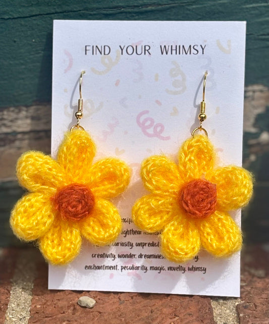 Whitney's Whimzees Yellow with Orange Center Handmade Flower Crochet Earrings - 1.25 inch Flowers